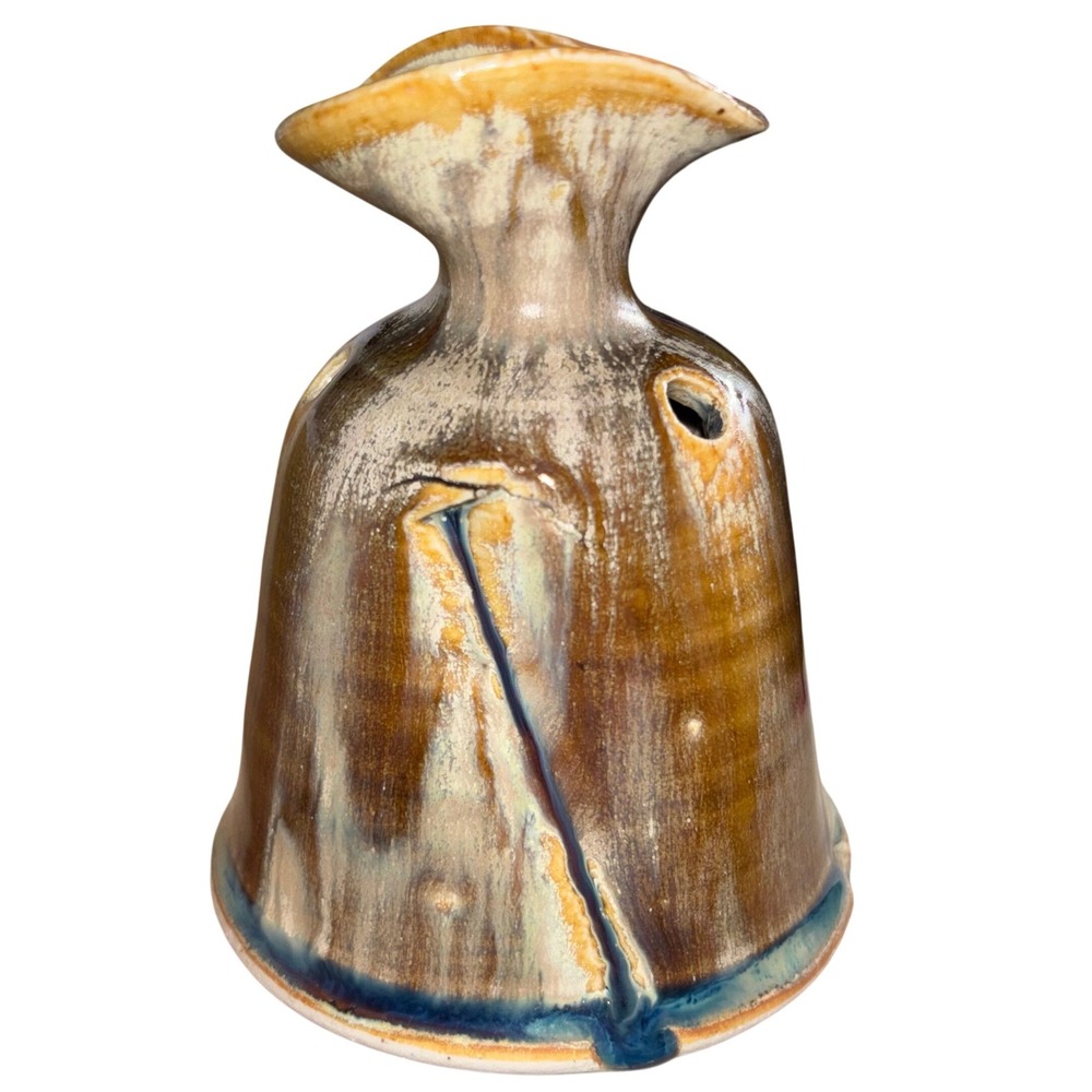 Unique Ceramic Bell Vase Small Handmade Art Pottery Brown Blue Glaze